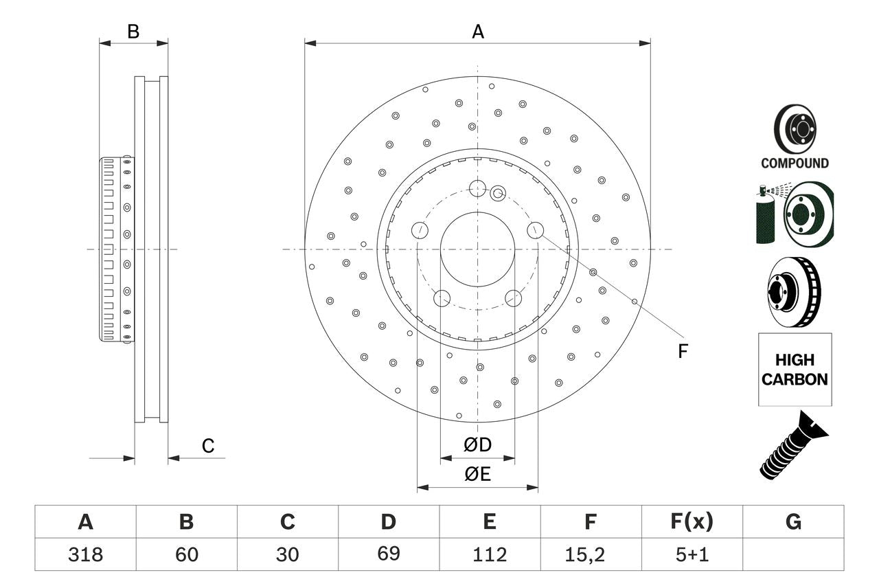 000 421 21 12 BH BRAKE DISC FRONT W205 318mm X-DRILLED - 5518 # BOSCH 0 986 479 H37