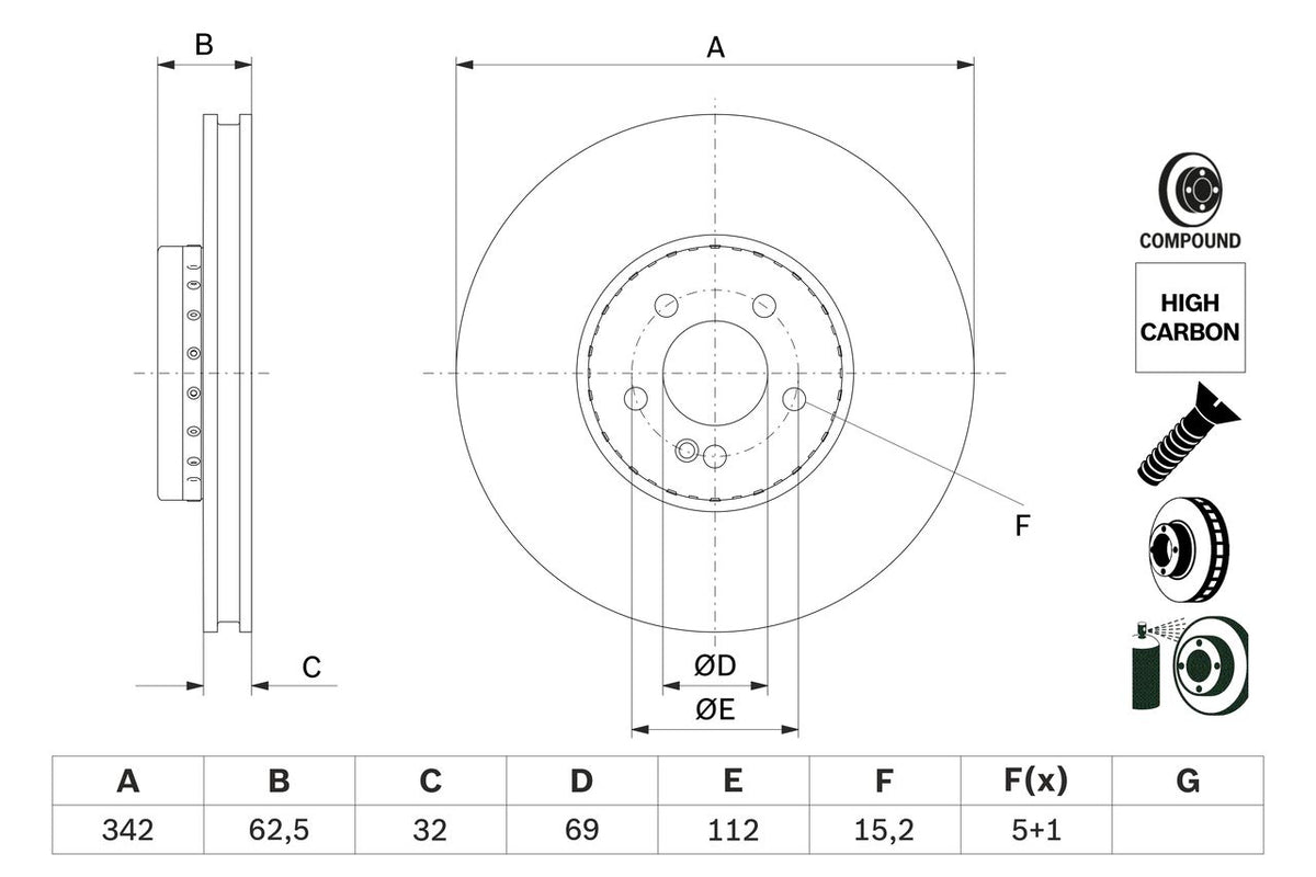 000 421 28 12 BHA BRAKE DISC FRONT GLC 342mm - 5521 H/C ALLOYED BOSCH 0 986 479 G37