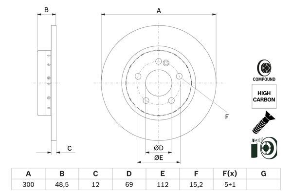 000 423 05 12 BHC BRAKE DISC REAR W205 C200/220/250 HIGH CARBON # BOSCH 0 986 479 H49