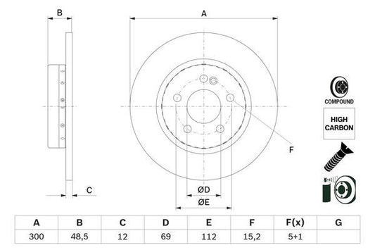 000 423 05 12 BHC BRAKE DISC REAR W205 C200/220/250 HIGH CARBON # BOSCH 0 986 479 H49