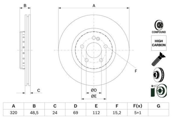 000 423 07 12 BH BRAKE DISC REAR Ø 320mm GLC .D531 - 5524 BOSCH 0 986 479 H43