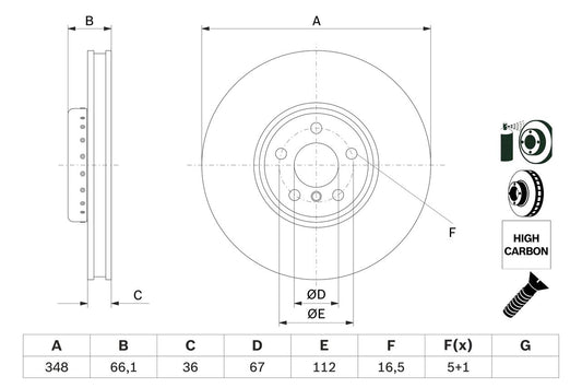 34 11 6 860912 BH BRAKE DISC RHF 348mm X3 M Sport - 2937 # BOSCH 0 986 479 F59