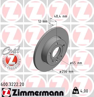 1K0 615 601L ZI BRAKE DISC REAR 260 X 12MM - 3222 ZIMMERMANN 600.3222.20