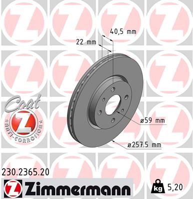 230.2365.20 ZI BRAKE DISC FRONT FIAT 500+MITO - 2365 ZIMMERMANN 230.2365.20