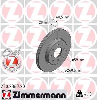 230.2367.20 BH BRAKE DISC FRONT FIAT 240mm - 2367 ZIMMERMANN 0 986 479 121
