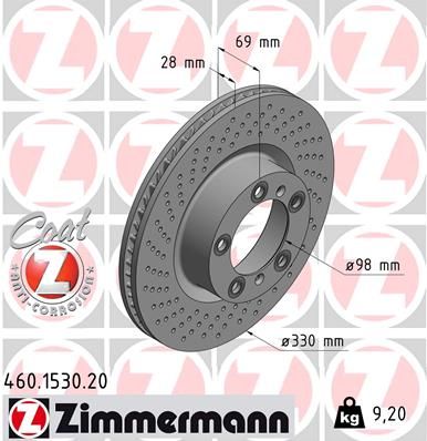 460.1530.20 ZI FRONT DISC RH 330MM XDRILL 991/997/982 - 1530 # ZIMMERMANN 460.1530.20