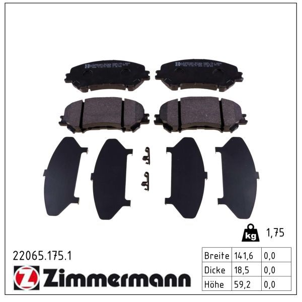 22065.175.1 ZI BRAKE PADS FRONT KOLEOS SERIES 2 ZIMMERMANN 22065.175.1