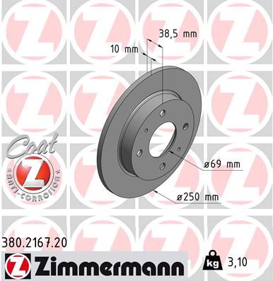454 420 00 72 BRAKE DISC REAR S SMART FOUR 4 ZIMMERMANN 380.2167.20