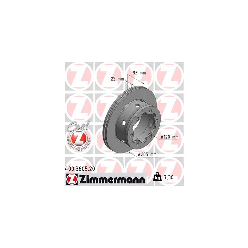 904 423 03 12 BRAKE DISC REAR 3605 SPRINTER 285X22mm ZIMMERMANN 400.3605.20
