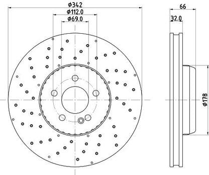 000 421 22 12 BRAKE DISC FRONT W205 X-DRILLED - 5520 HELLA 355.134-461