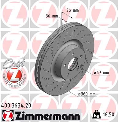 220 421 19 12 BRAKE DISC FRONT 360MM CL55/CL600/S55 ZIMMERMANN 400.3634.20