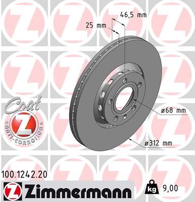 8D0 615 301J ZI BRAKE DISC FRONT BORA 312 X 25 1242 ZIMMERMANN 100.1242.20