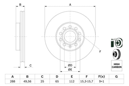 1K0 615 301T BH BRAKE DISC FRONT 288MM - 3221 # BOSCH F 005 X14 058