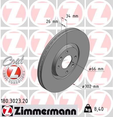 180.3023.20 BH BRAKE DISC FRONT Ø 302mm 207/3008/307 - 3023 ZIMMERMANN 0 986 479 D36