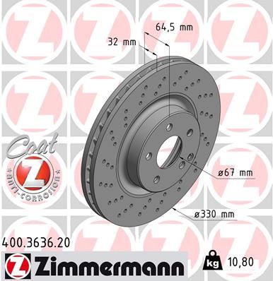 230 421 08 12 ZI BRAKE DISC FRONT 330MM SL500 R230 - 3636 ZIMMERMANN 400.3636.20