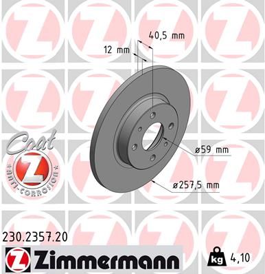 230.2357.20 ZI BRAKE DISCS 258MM FIAT 500 312 - 2357 ZIMMERMANN 230.2357.20